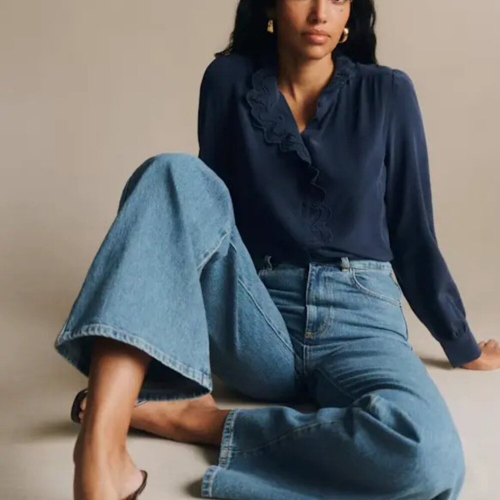 NWT Sezane Chlo Silk Shirt Blouse Marine Blue Size US 10/EU 42